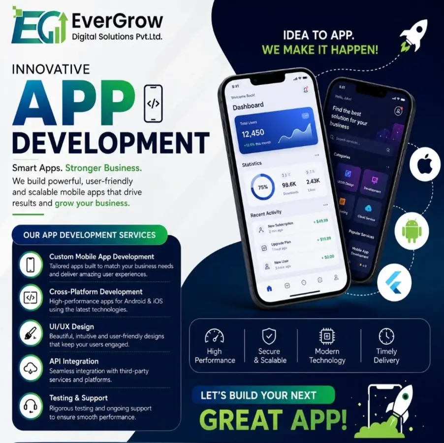 App development companies infographic - Evergrow Digital Solutions custom mobile app development, cross-platform, UI/UX design and API integration services